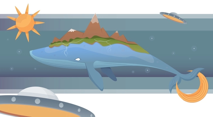 Earth theory flat composition with floating whale with mountains on back surrounded by flying ufo starships vector illustration