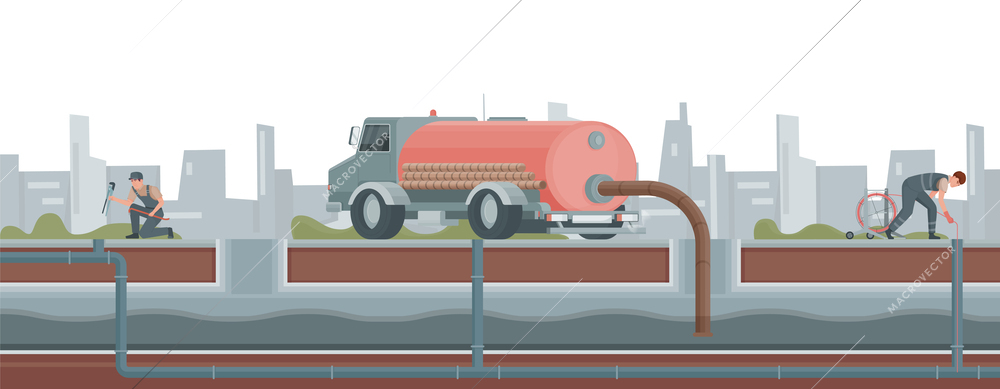 Sewerage water pipe flat composition with truck sucking water from underground reservoir and characters of workers vector illustration