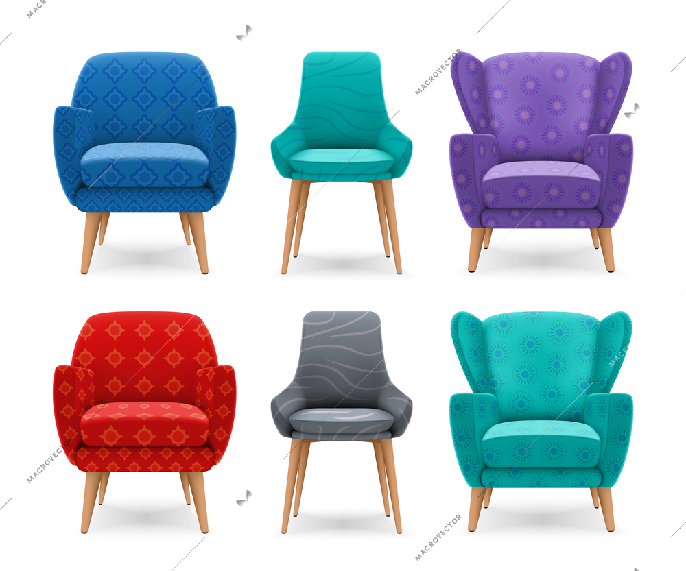 Realistic armchairs and chairs set of isolated front view images of colorful seats with wooden legs vector illustration