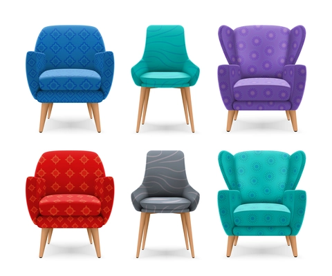 Realistic armchairs and chairs set of isolated front view images of colorful seats with wooden legs vector illustration