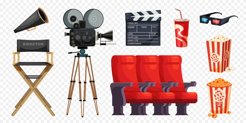 Cinema movie making objects flat set with camera seats snacks 3d glasses director chair megaphone clapper on transparent background isolated vector illustration