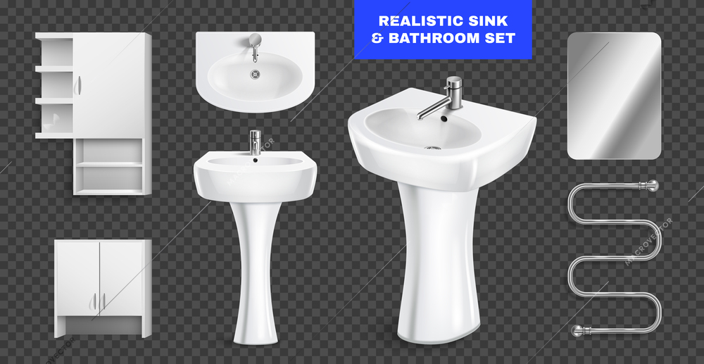 Realistic white sink set of isolated images with bathroom fixtures heating spiral and wall hanging cabinets vector illustration