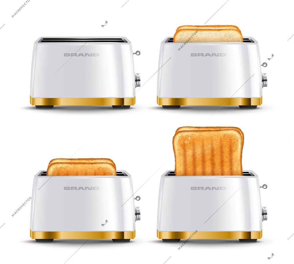 Realistic kitchen household set of isolated front view images of toasters with baked crispy bread inside vector illustration
