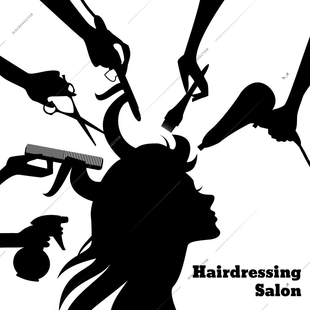 Beauty salon concept with female profile silhouette and hairdresser hands with accessories vector illustration