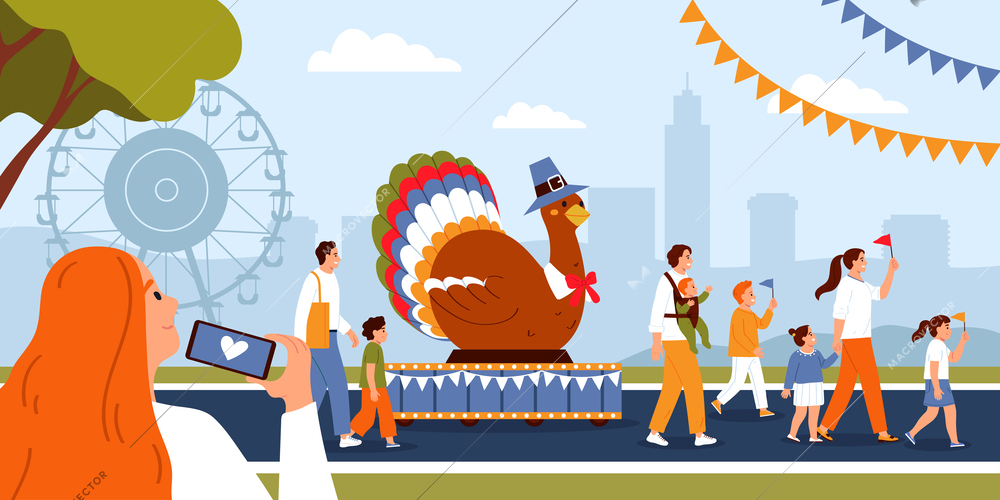 Woman watching thanksgiving day parade in city park flat vector illustration