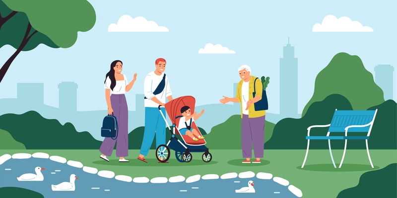 Parents walking in park with son in pram happy to see his grandmother flat vector illustration