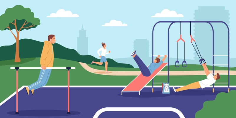 People doing workout and jogging in city park flat vector illustration