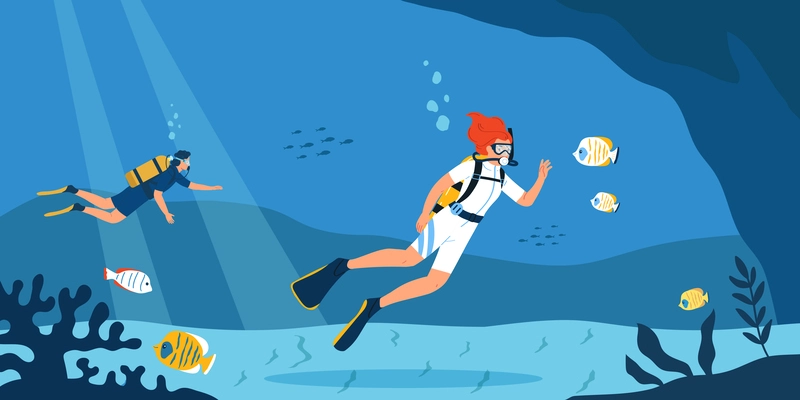 People doing water sport scuba diving watching fish underwater flat vector illustration