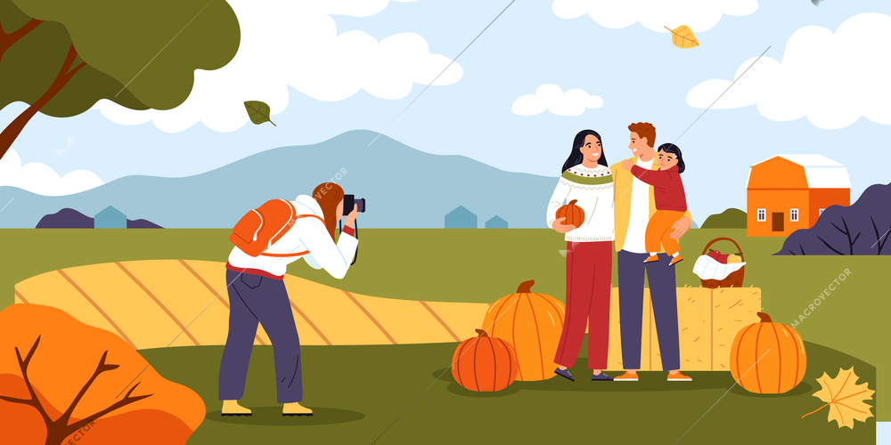 Family thanksgiving composition with autumn suburban outdoor landscape and happy family members taking photo with pumpkins vector illustration