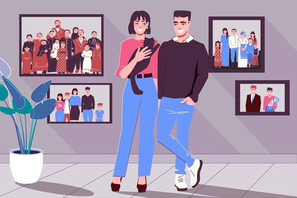 Population world demographics flat composition with loving couple in front of pictures with families doodle characters vector illustration