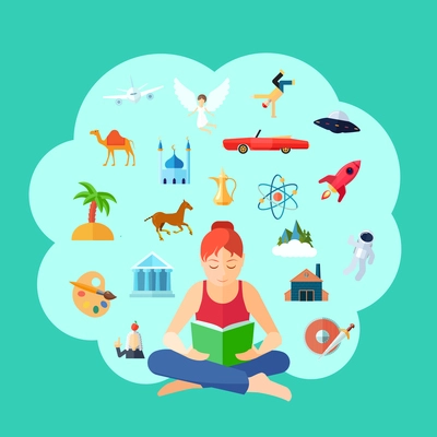 Reading concept with young girl sitting and imagination symbols set vector illustration