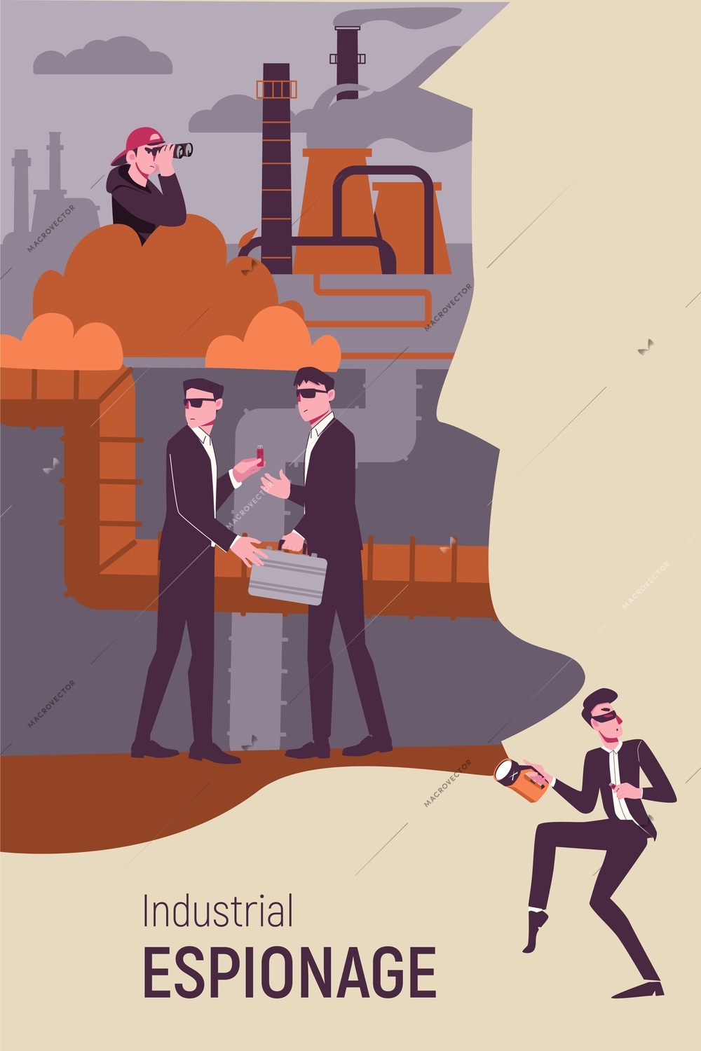 Industrial espionage composition with collage of flat images with business worker and handing of secret documents vector illustration