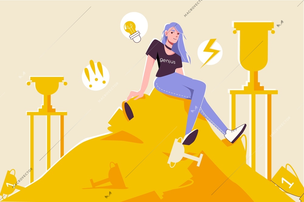 Genius prodigy flat composition with doodle style character of teenage girl sitting on top of trophies vector illustration