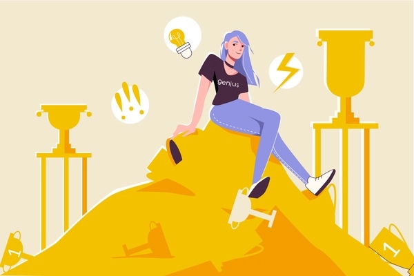 Genius prodigy flat composition with doodle style character of teenage girl sitting on top of trophies vector illustration