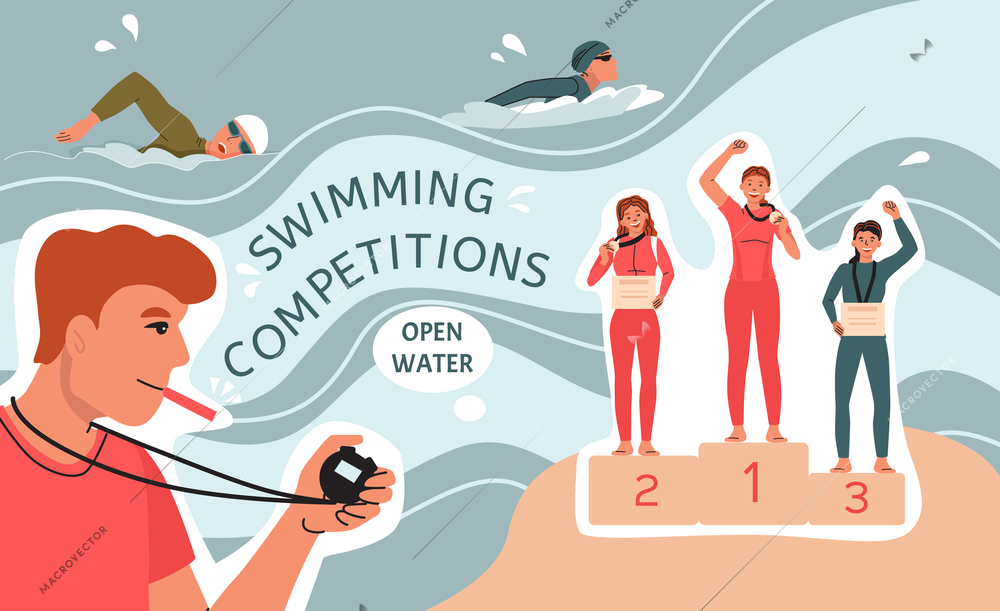 Swim open water flat collage composition with swimming competitions open water headlines vector illustration