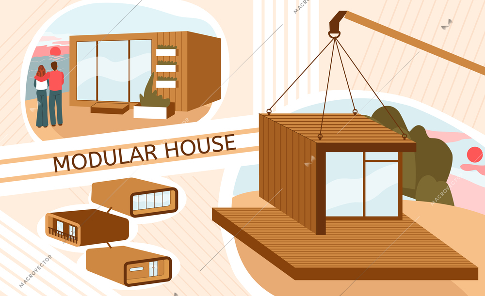 Modular house flat collage composition with lifting and placing the finished house on the site vector illustration