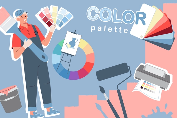 Color palette collage with design symbols flat vector illustration