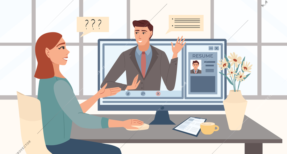 Hr manager reading resume and having online interview with job applicant flat vector illustration