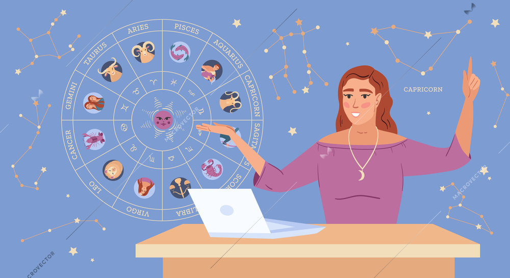 Female astrologist casting horoscope on laptop against blue background with zodiac calendar and constellations flat vector illustration