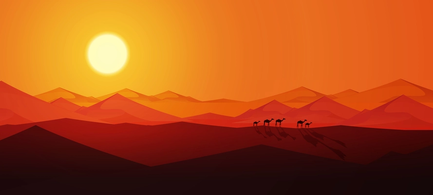 Desert camels composition with horizontal landscape of sunset in sands with silhouettes of walking camel coffle vector illustration