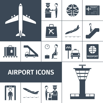 Airport decorative icons black set with lounge boarding custom and baggage check elements isolated vector illustration