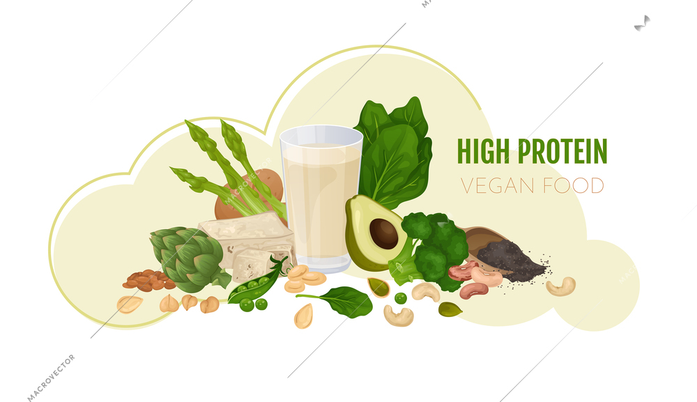 Vegan protein food composition with editable text and pile with cashew nuts avocado beans and lettuce vector illustration