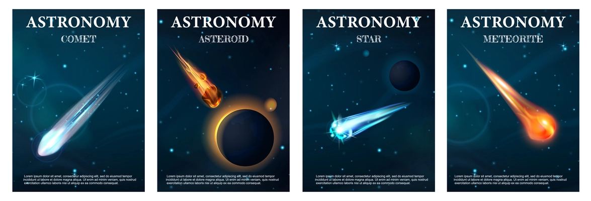 Realistic space meteor poster set with starry sky background and text with planets comets and meteorites vector illustration