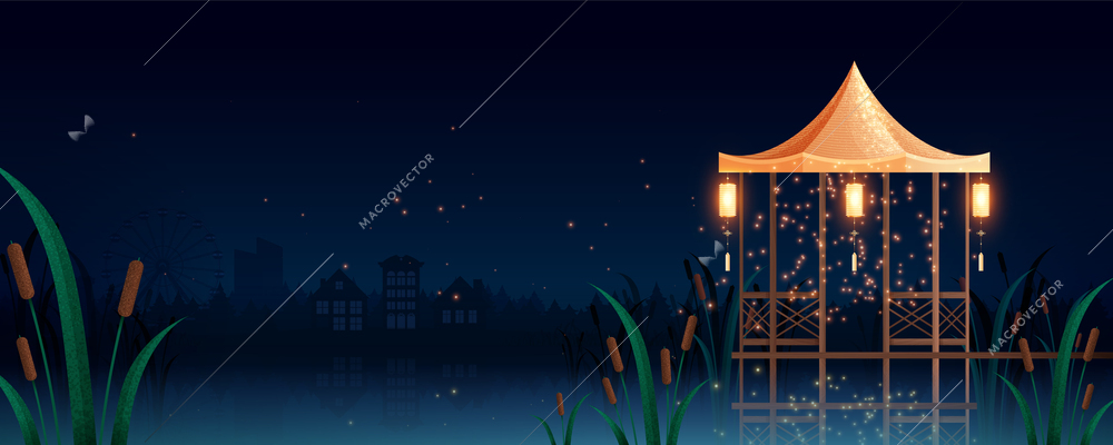 Night time landscape wooden gazebo with lanterns on river or lake bank with dark forest and cityscape in background and flying fireflies flat vector illustration