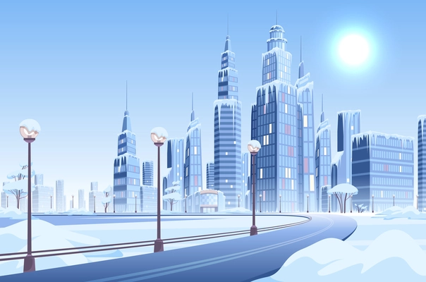 Ice snow modern city composition with cityscape view of winter day in urban area with buildings vector illustration