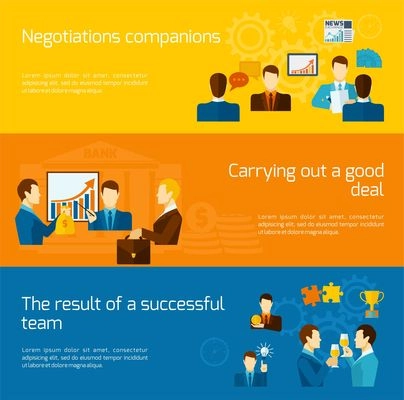 Partnership horizontal banners set with negotiations deal successful team elements isolated vector illustration