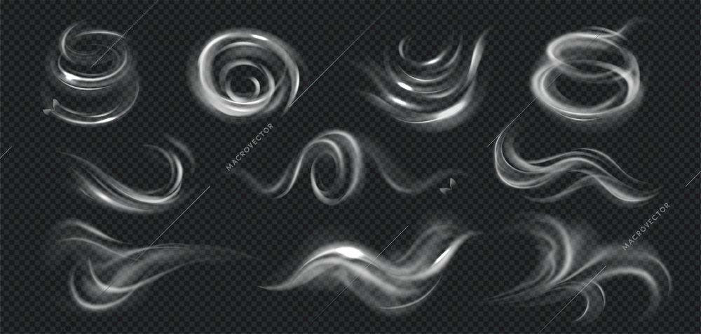 Realistic wind swirls set with monochrome images of smoke wisps of different shape on transparent background vector illustration