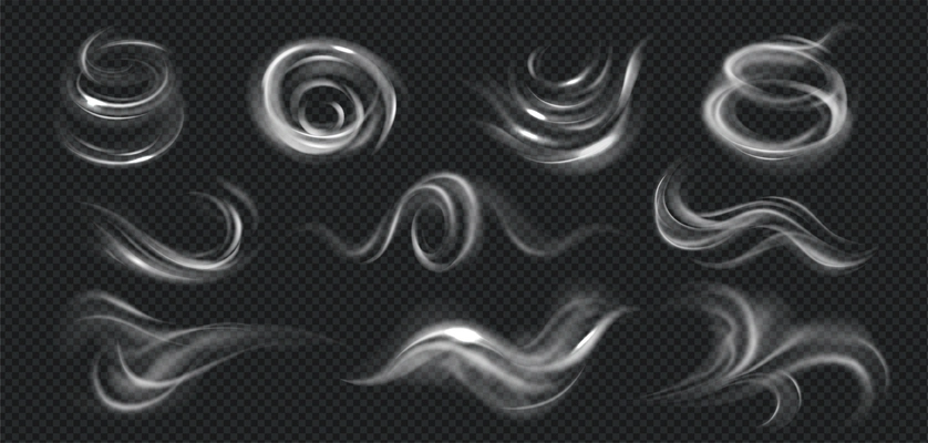 Realistic wind swirls set with monochrome images of smoke wisps of different shape on transparent background vector illustration