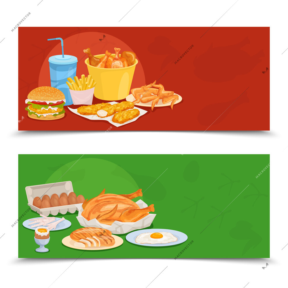 Chicken products flat set with two horizontal banners with images of home and fast food meals vector illustration