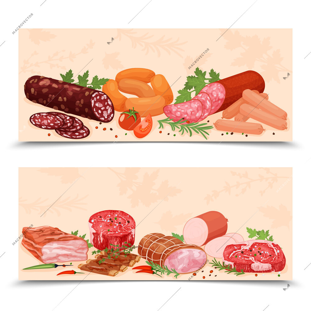 Meat products flat set of two horizontal banners with greens spices and sausages with ham bacon vector illustration