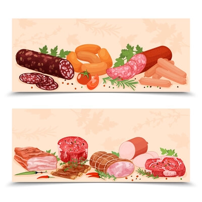 Meat products flat set of two horizontal banners with greens spices and sausages with ham bacon vector illustration