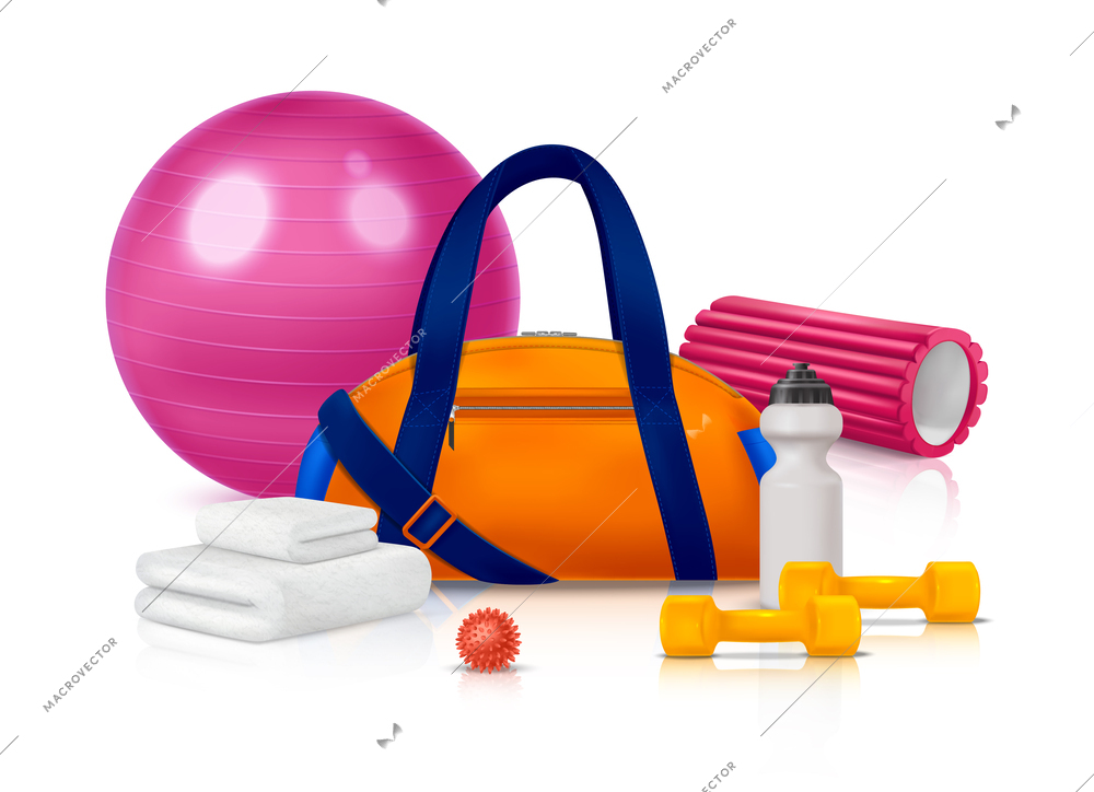 Realistic fitness accessories concept with gym bag fitball and dumbbell vector illustration