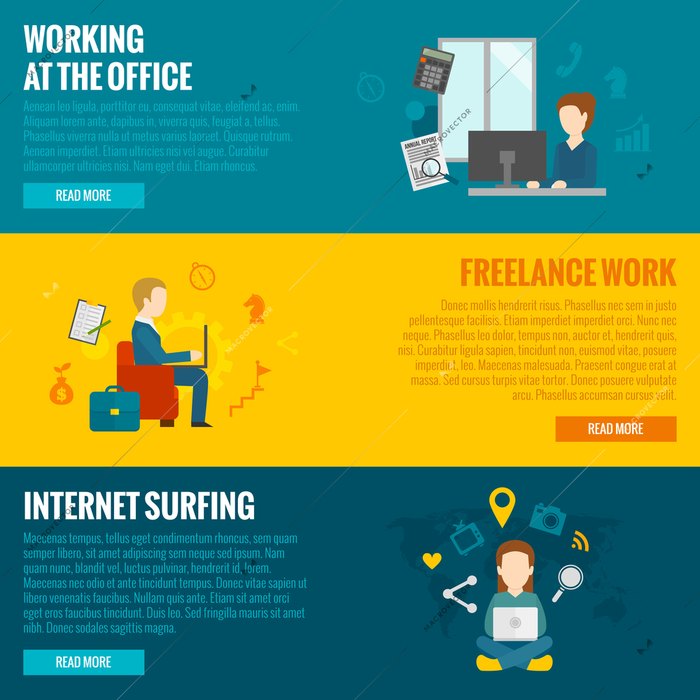 People with computers horizontal banner set freelance and office working internet surfing elements isolated vector illustration
