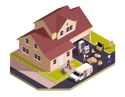 Relocation service isometric concept with company moving people to new location vector illustration