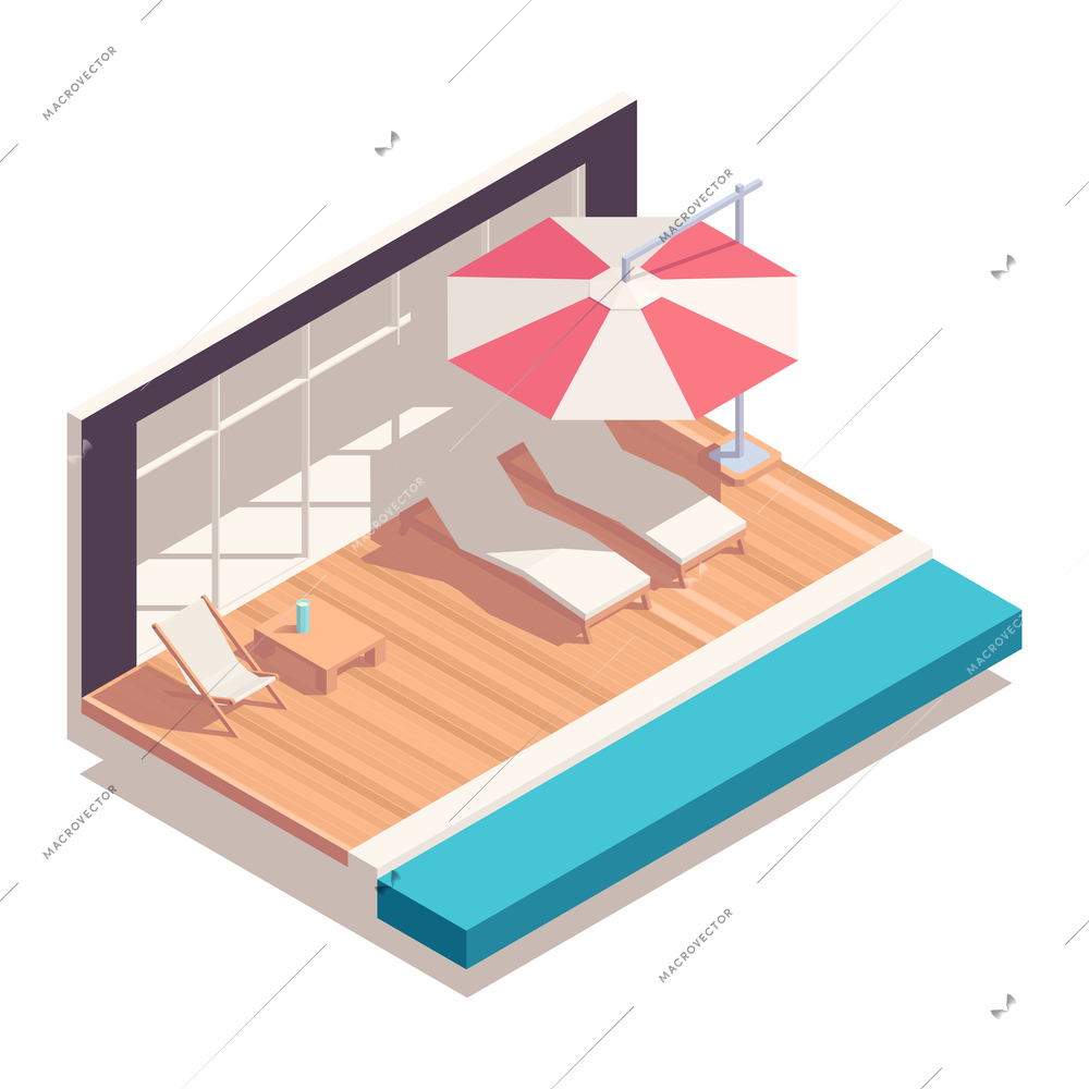 Street cafe isometric concept with lounge chairs under unbrella near swimming pool vector illustration