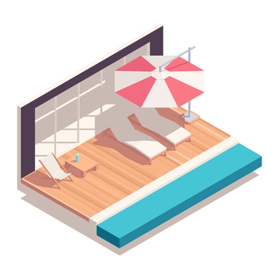 Street cafe isometric concept with lounge chairs under unbrella near swimming pool vector illustration