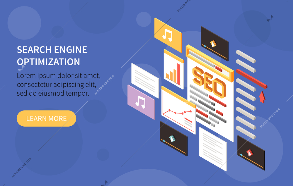 Content management isometric banner with search engine optimization headline and learn more button vector illustration