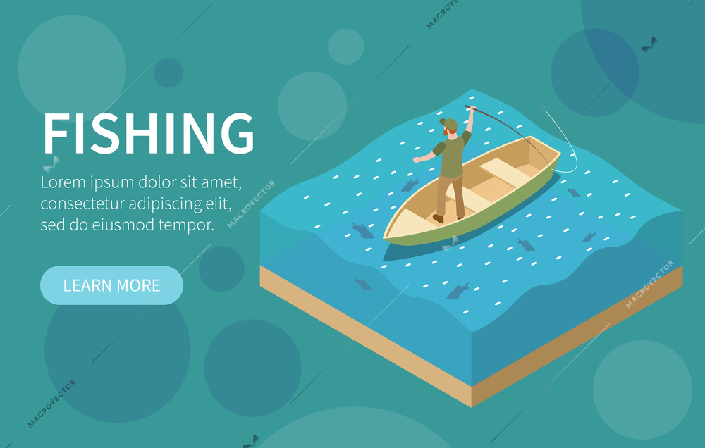 Horizontal fishing fisherman isometric banner with big headline and light blue learn more button vector illustration