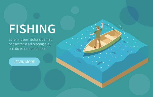 Horizontal fishing fisherman isometric banner with big headline and light blue learn more button vector illustration