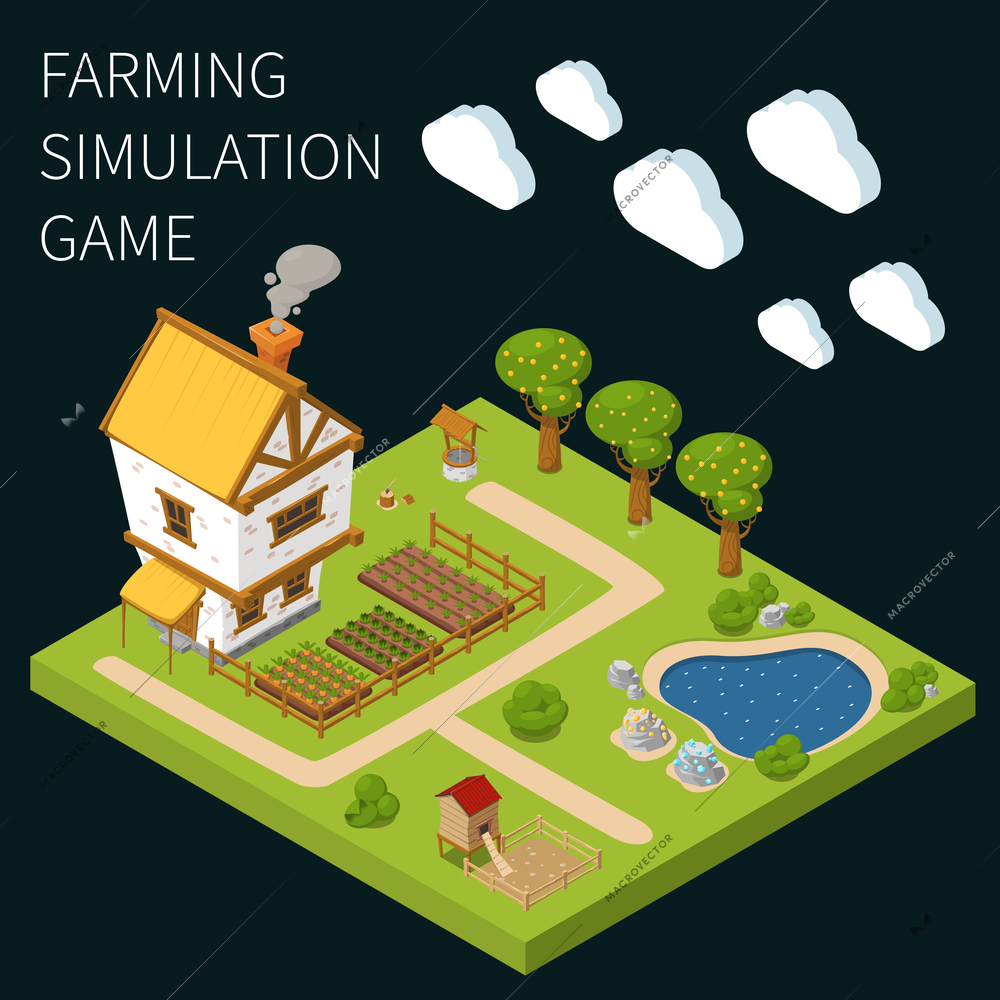 Game colored and isometric concept with farming simulation game headline and isolated piece of ground vector illustration