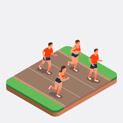 Running people men and women taking part in marathon isometric composition on grey background 3d vector illustration