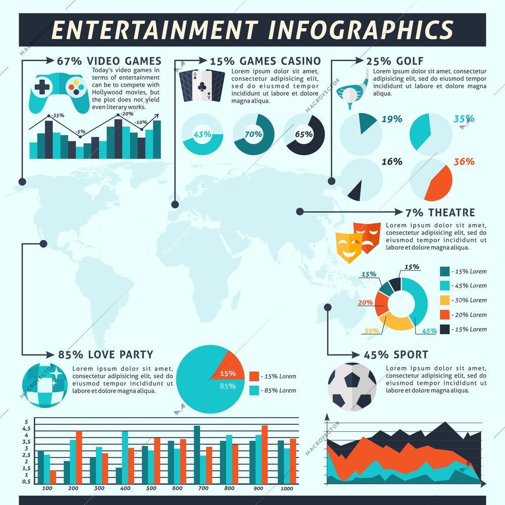 Entertainment infographics set with sport gambling alcohol symbols and charts vector illustration