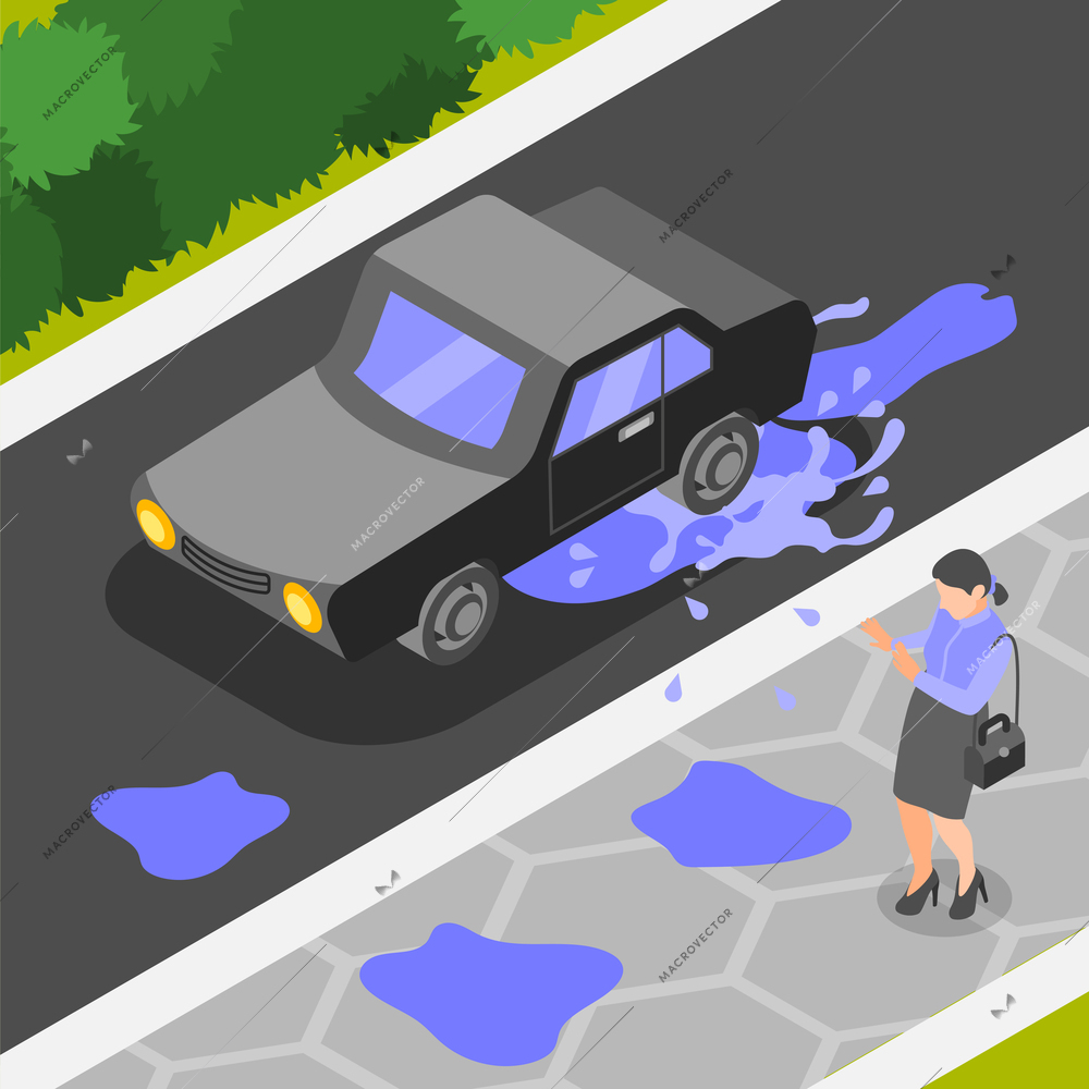 Unlucky day isometric background with woman character splashed with mud from puddle by passing car vector illustration
