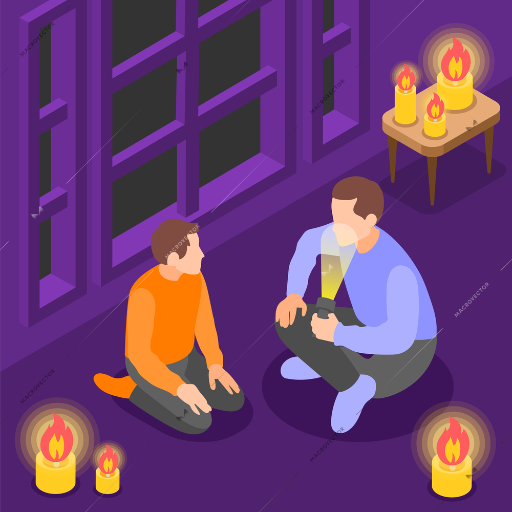Power outage isometric background with father talking to his son sitting on floor surrounded by candles vector illustration