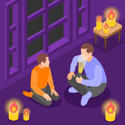 Power outage isometric background with father talking to his son sitting on floor surrounded by candles vector illustration