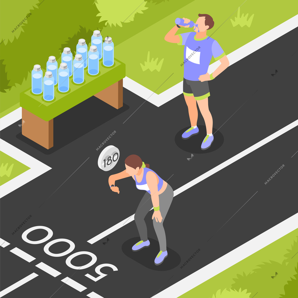 Marathon runners isometric background with athletes drinking water and measuring pulse after long distance vector illustration